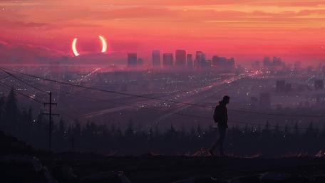 The boy quietly walked away from the city alone wallpaper