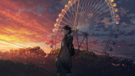 Cute anime girl in the windy afternoon wallpaper