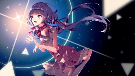 Cute Anime Girl with Purple Hair in Starry Night Sky wallpaper