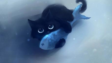 Adorable Black Cat Hugging a Fish wallpaper