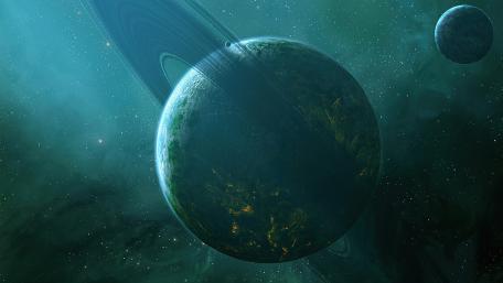Majestic Green Planet with Rings in Space Art wallpaper