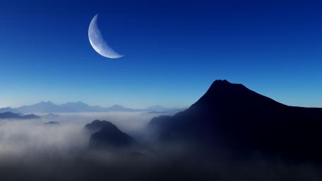 Misty Crescent Moon Over Mountains wallpaper