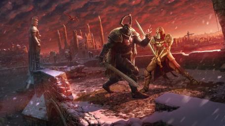 Epic Battle Between Warriors in a Fantasy Realm wallpaper