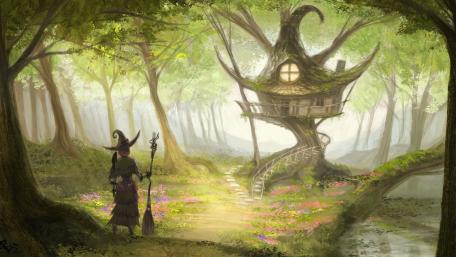 Fantasy forest witch house wallpaper