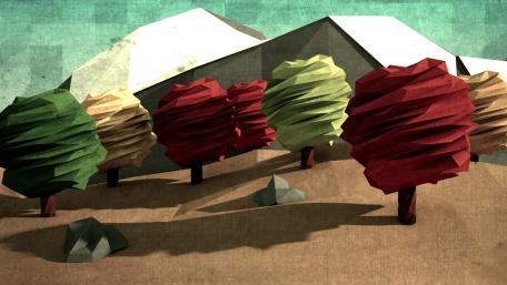 Colorful Low Poly Landscape with Textured Mountains and Trees wallpaper