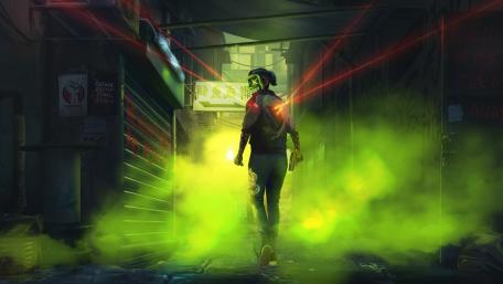 Neon Masked Vigilante in Smoky Alleyway wallpaper