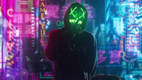 Neon Masked Boy in a Fantasy Cityscape wallpaper
