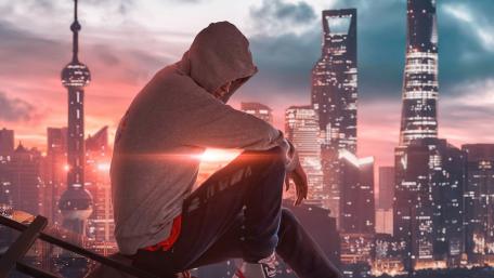 Alone boy above Shanghai wallpaper