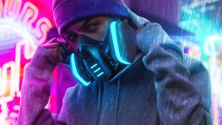 Neon-Lit Mystery Man in Hoodie and Mask wallpaper