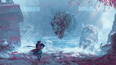 Samurai's Stand Against The Mystic Beast wallpaper