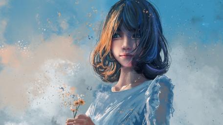 Serene Anime Girl With Blue Sky Backdrop wallpaper