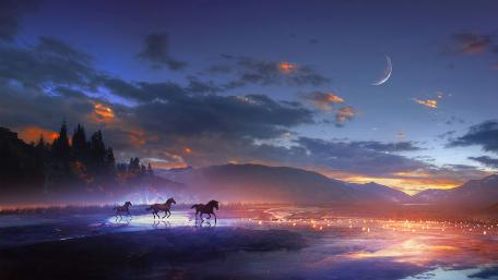 Horses running on the beach at sunset wallpaper