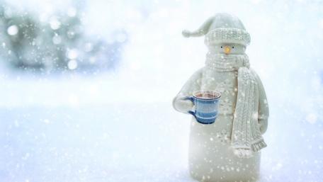 Snowman with a mug in winter wallpaper