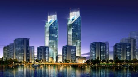 Futuristic Twin Towers Reflected in Water wallpaper