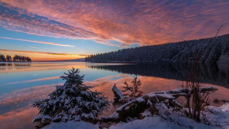 Winter Serenity: Pink Skies and Calm Waters wallpaper