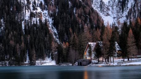 Serene Winter Cottage by the Lake wallpaper