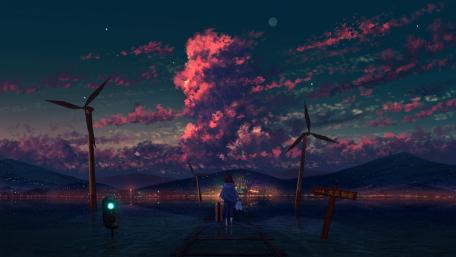 Lone Anime Girl Amidst Dusk Turbines wallpaper