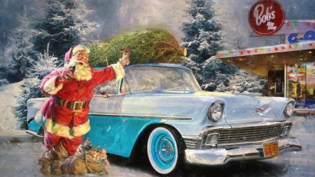 Vintage Christmas Joy with Santa Claus and Classic Car wallpaper