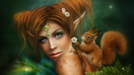 Whimsical Elf Girl and Her Squirrel Companion wallpaper