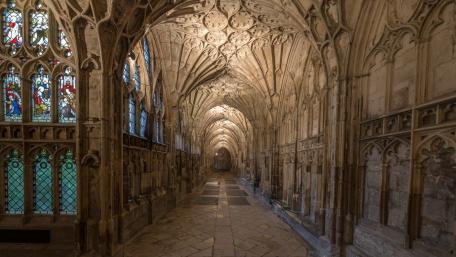 Majestic Medieval Architecture in City Hallway wallpaper