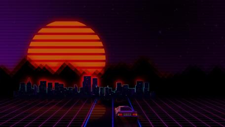 Retro Sunset Drive in Neon Wilderness wallpaper