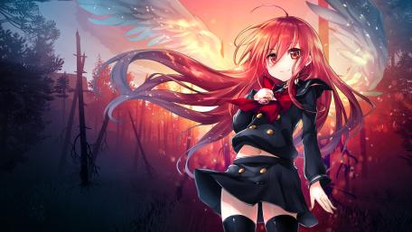 Mystical Forest Encounter with Red-Haired Anime Angel wallpaper