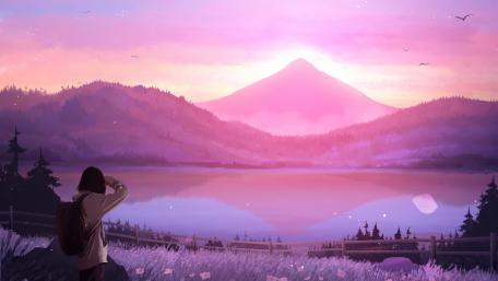 Serene Pink Anime Landscape at Dusk wallpaper