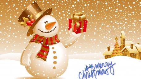 Festive Snowman with Gift in Snowy Scene wallpaper