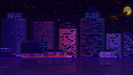 Neon Santa's Flight Over Glowing Cityscape wallpaper