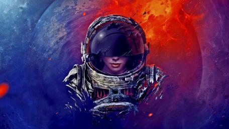 Astronaut Woman amidst Cosmic Hues wallpaper
