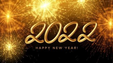Happy New Year 2022 golden shiny background with bright burning fireworks wallpaper