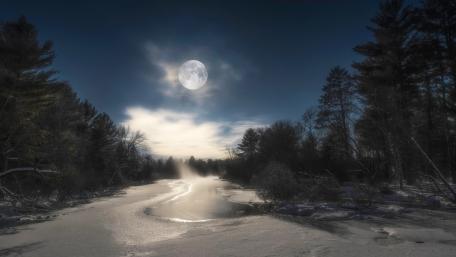 Frozen river in the moonlight wallpaper