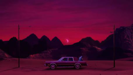 A Lonely Drive Under the Crimson Moon wallpaper