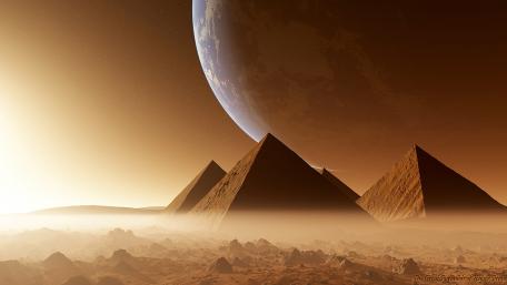 Ancient Pyramids in a Futuristic Desert World wallpaper
