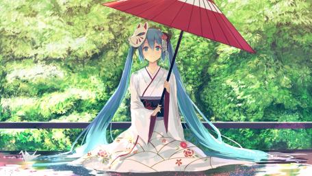 Hatsune Miku in Floral Kimono wallpaper