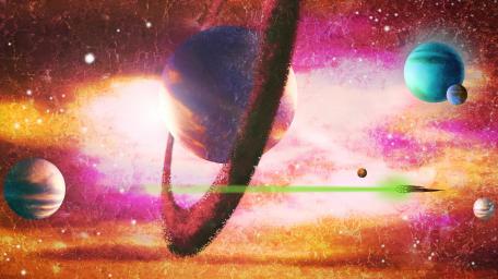 Celestial Voyage Through Colorful Rings wallpaper
