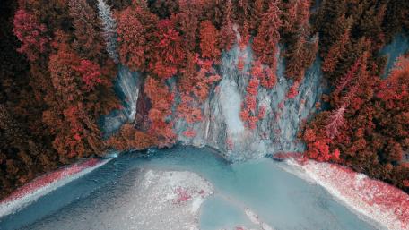 Autumn Serenity Over Larch Forest and River wallpaper