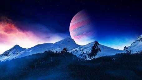 Galactic Dawn over Snow-Capped Peaks wallpaper