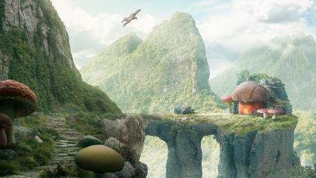 Mushroom Haven in Enchanted Mountains wallpaper