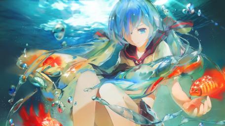 Magical Underwater World with Hatsune Miku and Goldfish wallpaper