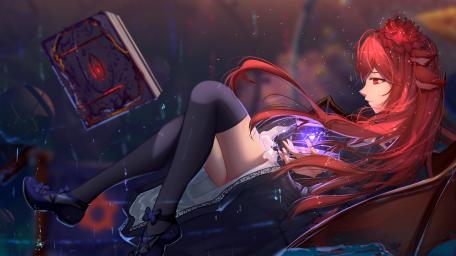 Mystical Evening Read with Crimson-Tressed Maiden wallpaper