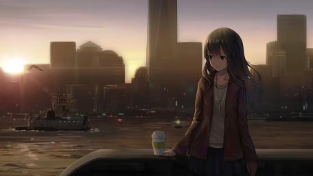 Cityscape Reflections at Dusk Anime Art wallpaper