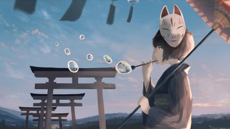 Mystical Anime Shrine Maiden and Bubbles wallpaper
