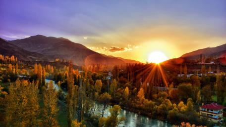 Golden Rays Over Autumn River Landscape wallpaper