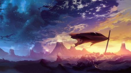 Epic Anime Landscape with Volcanic Horizon wallpaper