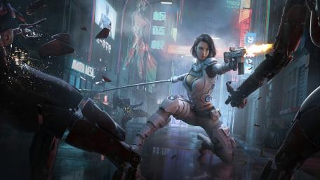 Cyberpunk Showdown in Neon Streets wallpaper