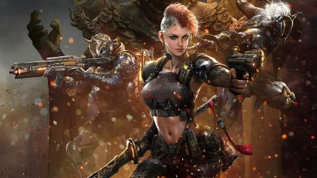 Cyberpunk futuristic girl with gun and sword wallpaper