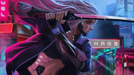 Cyborg Samurai Girl with Katana wallpaper