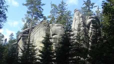 Majestic Rock Formations in a Lush Forest Scene wallpaper