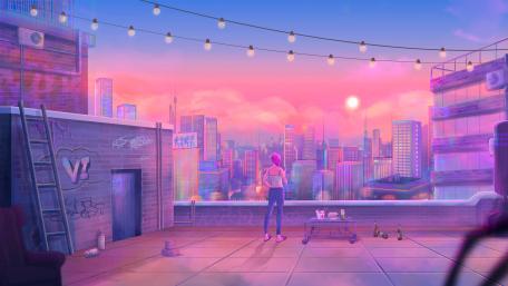 Sunset Solitude in a Pink Kawaii Cityscape wallpaper